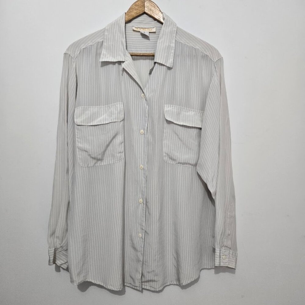 Silhouettes Womens Striped Silk Button Up Long Sleeve Shirt Sz XL Career Office